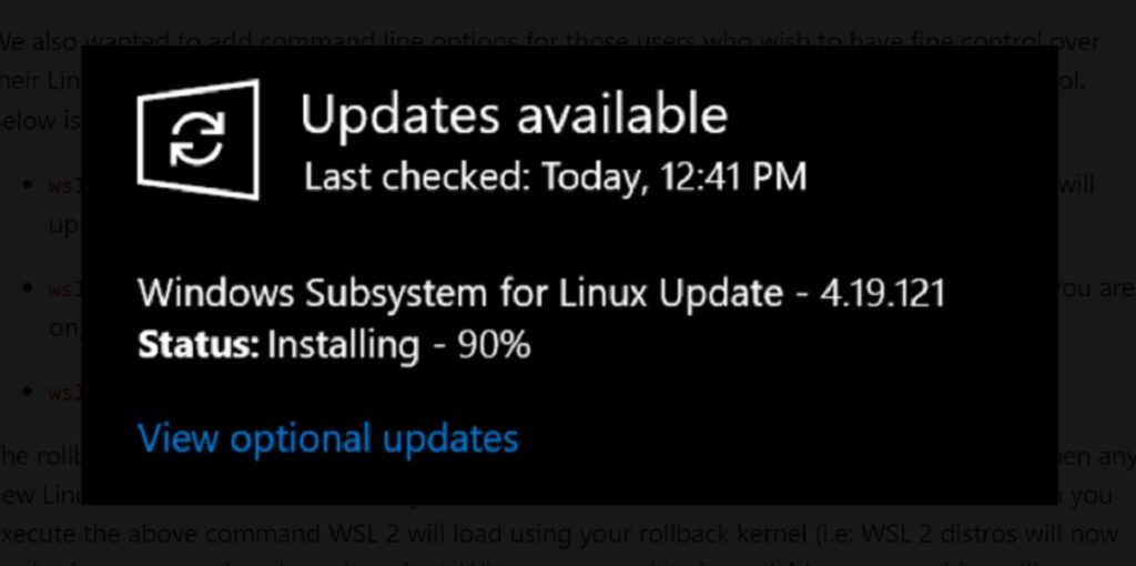 windows susbsystem for linux 2 windows update